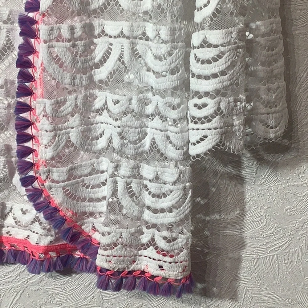 PILYQ NEW - Sz L - White Lace Cardigan with Pink and Purple Tassel Trim